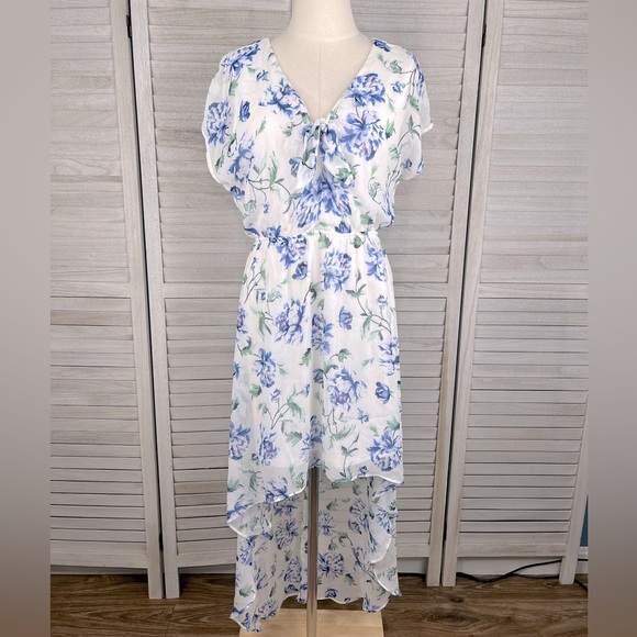 LILY ROSE Hi/Low Floral Print Maxi Dress White w Blue Floral-Large - Picture 1 of 4